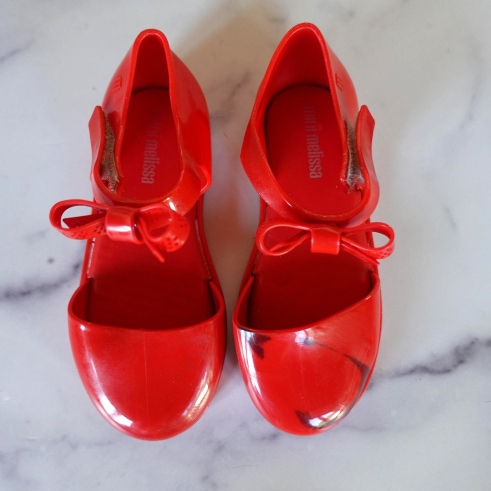 Mini Melissa Jelly Shoes Girls Size‎ 10 Red Bow Mary Jane Sandals INK STAIN Flaw